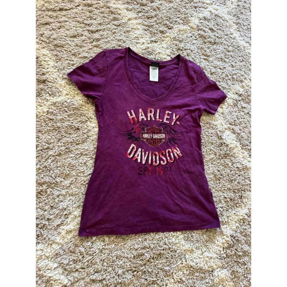 Harley Davidson Womens V-Neck Graphic Tee Purple Grand Cayman BWI Size Medium